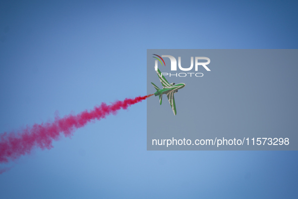 Royal Saudi Air Force aircraft fly in formation during a demonstration at the Athens Flying Show in Tanagra, Greece, on September 14, 2024. 