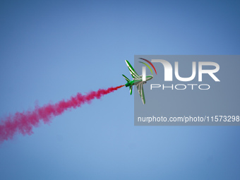 Royal Saudi Air Force aircraft fly in formation during a demonstration at the Athens Flying Show in Tanagra, Greece, on September 14, 2024....