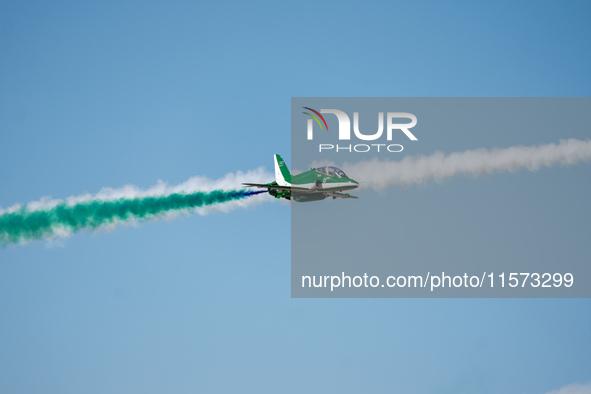 Royal Saudi Air Force aircraft fly in formation during a demonstration at the Athens Flying Show in Tanagra, Greece, on September 14, 2024. 