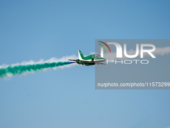 Royal Saudi Air Force aircraft fly in formation during a demonstration at the Athens Flying Show in Tanagra, Greece, on September 14, 2024....