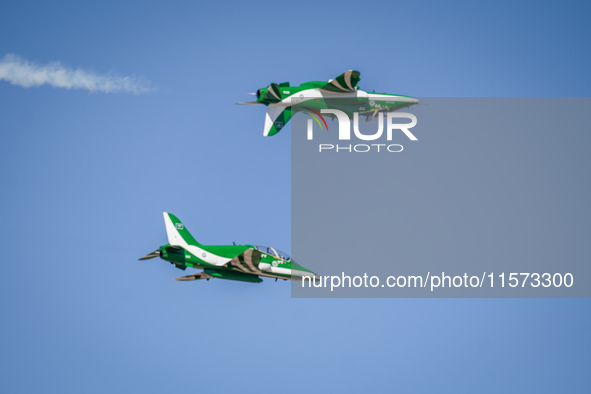 Royal Saudi Air Force aircraft fly in formation during a demonstration at the Athens Flying Show in Tanagra, Greece, on September 14, 2024. 