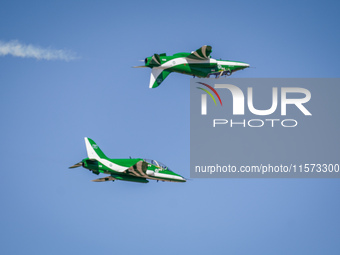 Royal Saudi Air Force aircraft fly in formation during a demonstration at the Athens Flying Show in Tanagra, Greece, on September 14, 2024....