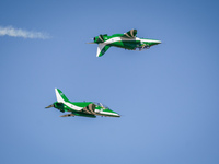 Royal Saudi Air Force aircraft fly in formation during a demonstration at the Athens Flying Show in Tanagra, Greece, on September 14, 2024....