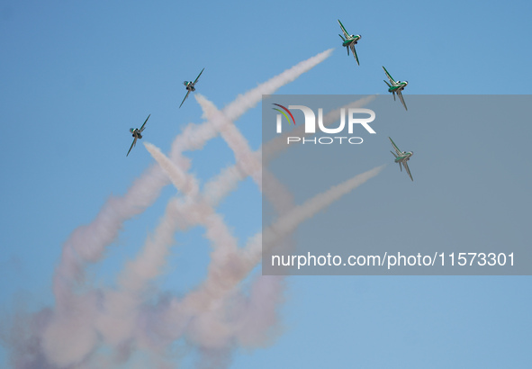 Royal Saudi Air Force aircraft fly in formation during a demonstration at the Athens Flying Show in Tanagra, Greece, on September 14, 2024. 