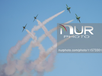 Royal Saudi Air Force aircraft fly in formation during a demonstration at the Athens Flying Show in Tanagra, Greece, on September 14, 2024....