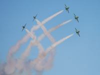 Royal Saudi Air Force aircraft fly in formation during a demonstration at the Athens Flying Show in Tanagra, Greece, on September 14, 2024....