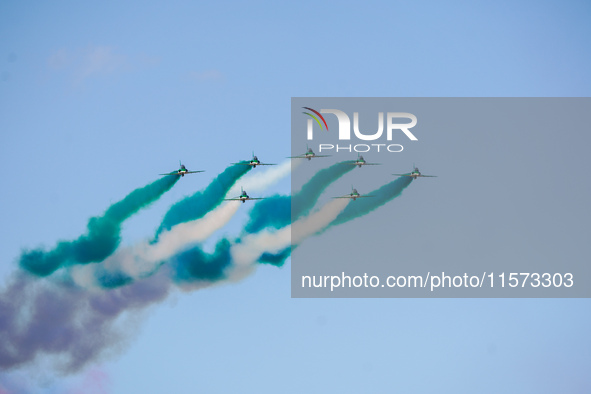 Royal Saudi Air Force aircraft fly in formation during a demonstration at the Athens Flying Show in Tanagra, Greece, on September 14, 2024. 