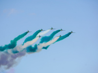 Royal Saudi Air Force aircraft fly in formation during a demonstration at the Athens Flying Show in Tanagra, Greece, on September 14, 2024....