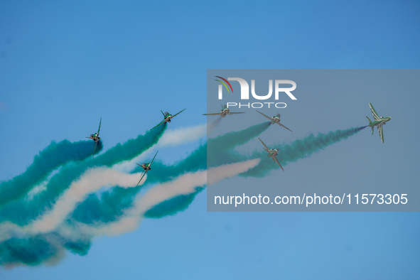 Royal Saudi Air Force aircraft fly in formation during a demonstration at the Athens Flying Show in Tanagra, Greece, on September 14, 2024. 