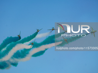 Royal Saudi Air Force aircraft fly in formation during a demonstration at the Athens Flying Show in Tanagra, Greece, on September 14, 2024....