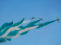 Royal Saudi Air Force aircraft fly in formation during a demonstration at the Athens Flying Show in Tanagra, Greece, on September 14, 2024....