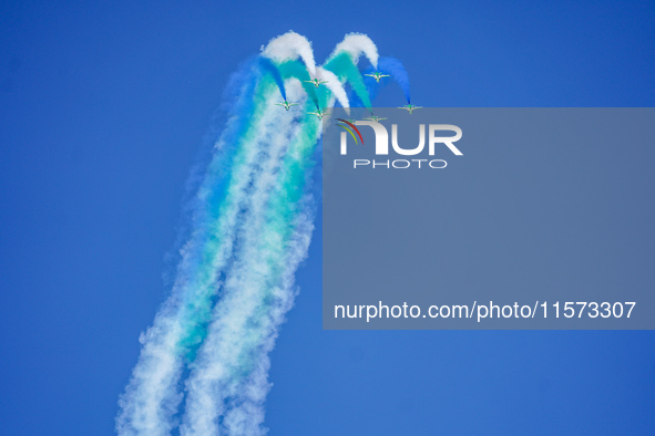 Royal Saudi Air Force aircraft fly in formation during a demonstration at the Athens Flying Show in Tanagra, Greece, on September 14, 2024. 