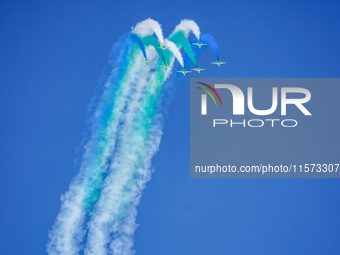 Royal Saudi Air Force aircraft fly in formation during a demonstration at the Athens Flying Show in Tanagra, Greece, on September 14, 2024....