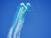 Royal Saudi Air Force aircraft fly in formation during a demonstration at the Athens Flying Show in Tanagra, Greece, on September 14, 2024....