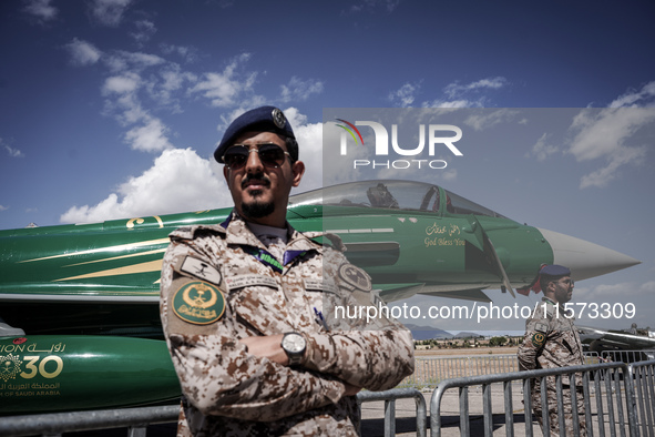 A Royal Saudi Air Force pilot poses in front of an aircraft during the Athens Flying Show in Tanagra, Greece, on September 14, 2024. 