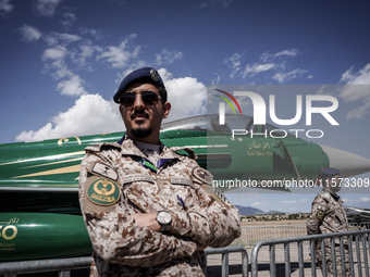 A Royal Saudi Air Force pilot poses in front of an aircraft during the Athens Flying Show in Tanagra, Greece, on September 14, 2024. (