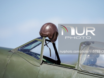 A helmet hangs in the cockpit during the Athens Flying Show in Tanagra, Greece, on September 14, 2024 (