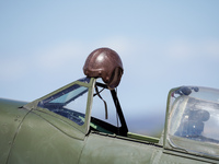 A helmet hangs in the cockpit during the Athens Flying Show in Tanagra, Greece, on September 14, 2024 (