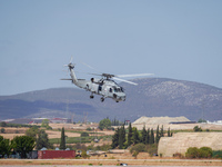 A helicopter performs demonstrations during the Athens Flying Show in Tanagra, Greece, on September 14, 2024 (