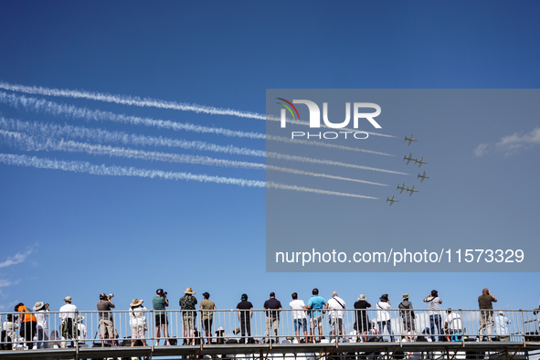 Royal Saudi Air Force aircraft fly in formation during a demonstration at the Athens Flying Show in Tanagra, Greece, on September 14, 2024. 