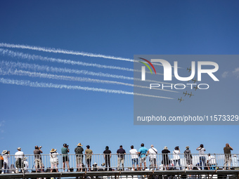 Royal Saudi Air Force aircraft fly in formation during a demonstration at the Athens Flying Show in Tanagra, Greece, on September 14, 2024....