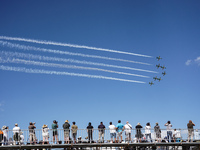 Royal Saudi Air Force aircraft fly in formation during a demonstration at the Athens Flying Show in Tanagra, Greece, on September 14, 2024....