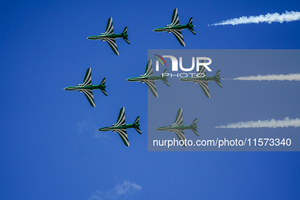 Royal Saudi Air Force aircraft fly in formation during a demonstration at the Athens Flying Show in Tanagra, Greece, on September 14, 2024. 