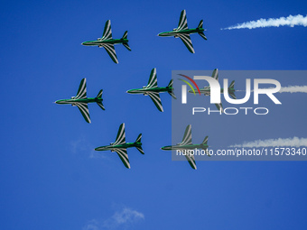 Royal Saudi Air Force aircraft fly in formation during a demonstration at the Athens Flying Show in Tanagra, Greece, on September 14, 2024....