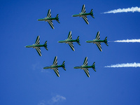 Royal Saudi Air Force aircraft fly in formation during a demonstration at the Athens Flying Show in Tanagra, Greece, on September 14, 2024....