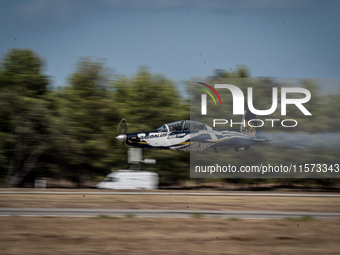 An aircraft of the Hellenic Air Force participates in the Athens Flying Show in Tanagra, Greece, on September 14, 2024 (