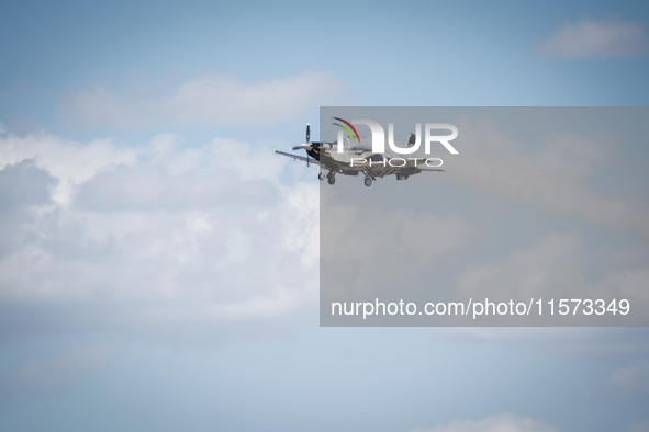 A Greek aircraft performs demonstrations during the Athens Flying Show in Tanagra, Greece, on September 14, 2024. 