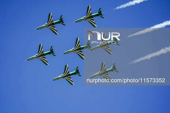 Royal Saudi Air Force aircraft fly in formation during a demonstration at the Athens Flying Show in Tanagra, Greece, on September 14, 2024. 