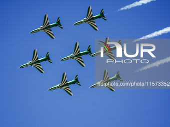 Royal Saudi Air Force aircraft fly in formation during a demonstration at the Athens Flying Show in Tanagra, Greece, on September 14, 2024....