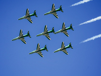 Royal Saudi Air Force aircraft fly in formation during a demonstration at the Athens Flying Show in Tanagra, Greece, on September 14, 2024....