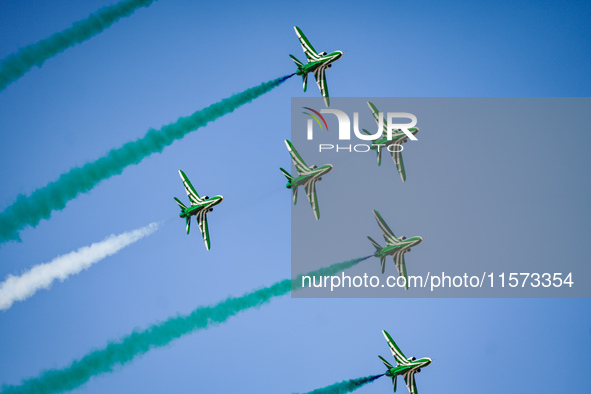 Royal Saudi Air Force aircraft fly in formation during a demonstration at the Athens Flying Show in Tanagra, Greece, on September 14, 2024. 