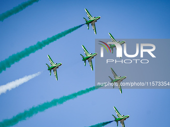 Royal Saudi Air Force aircraft fly in formation during a demonstration at the Athens Flying Show in Tanagra, Greece, on September 14, 2024....