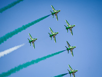 Royal Saudi Air Force aircraft fly in formation during a demonstration at the Athens Flying Show in Tanagra, Greece, on September 14, 2024....