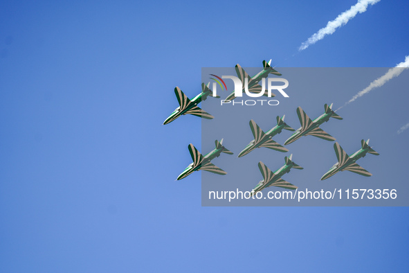 Royal Saudi Air Force aircraft fly in formation during a demonstration at the Athens Flying Show in Tanagra, Greece, on September 14, 2024. 