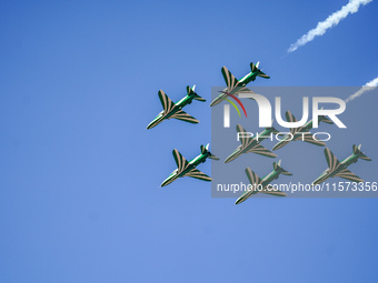 Royal Saudi Air Force aircraft fly in formation during a demonstration at the Athens Flying Show in Tanagra, Greece, on September 14, 2024....