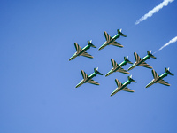 Royal Saudi Air Force aircraft fly in formation during a demonstration at the Athens Flying Show in Tanagra, Greece, on September 14, 2024....