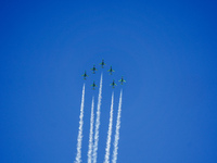 Royal Saudi Air Force aircraft fly in formation during a demonstration at the Athens Flying Show in Tanagra, Greece, on September 14, 2024....