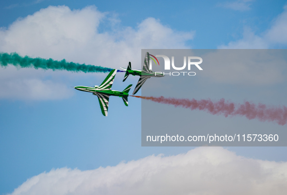 Royal Saudi Air Force aircraft fly in formation during a demonstration at the Athens Flying Show in Tanagra, Greece, on September 14, 2024. 