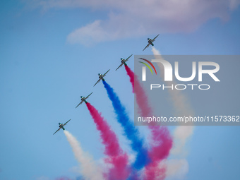 Royal Saudi Air Force aircraft fly in formation during a demonstration at the Athens Flying Show in Tanagra, Greece, on September 14, 2024....