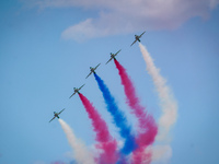 Royal Saudi Air Force aircraft fly in formation during a demonstration at the Athens Flying Show in Tanagra, Greece, on September 14, 2024....