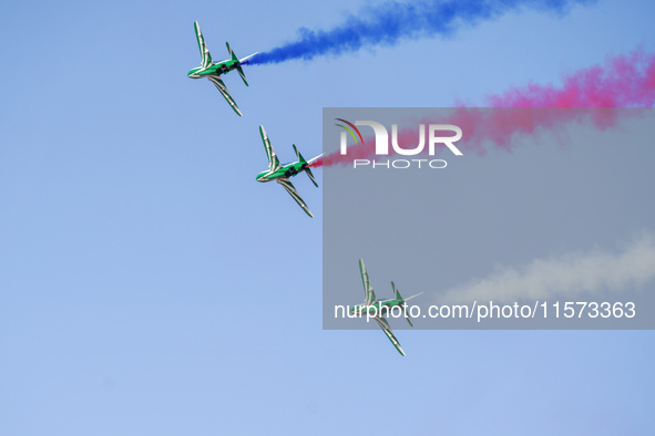 Royal Saudi Air Force aircraft fly in formation during a demonstration at the Athens Flying Show in Tanagra, Greece, on September 14, 2024. 