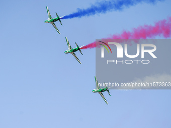 Royal Saudi Air Force aircraft fly in formation during a demonstration at the Athens Flying Show in Tanagra, Greece, on September 14, 2024....