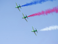 Royal Saudi Air Force aircraft fly in formation during a demonstration at the Athens Flying Show in Tanagra, Greece, on September 14, 2024....