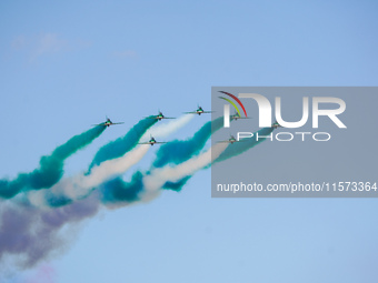 Royal Saudi Air Force aircraft fly in formation during a demonstration at the Athens Flying Show in Tanagra, Greece, on September 14, 2024....