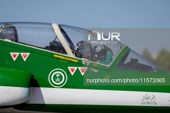 Royal Saudi Air Force aircraft fly in formation during a demonstration at the Athens Flying Show in Tanagra, Greece, on September 14, 2024. 