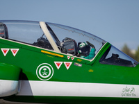 Royal Saudi Air Force aircraft fly in formation during a demonstration at the Athens Flying Show in Tanagra, Greece, on September 14, 2024....